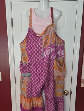Boho Patchwork Pink and Orange Jumpsuit Overalls